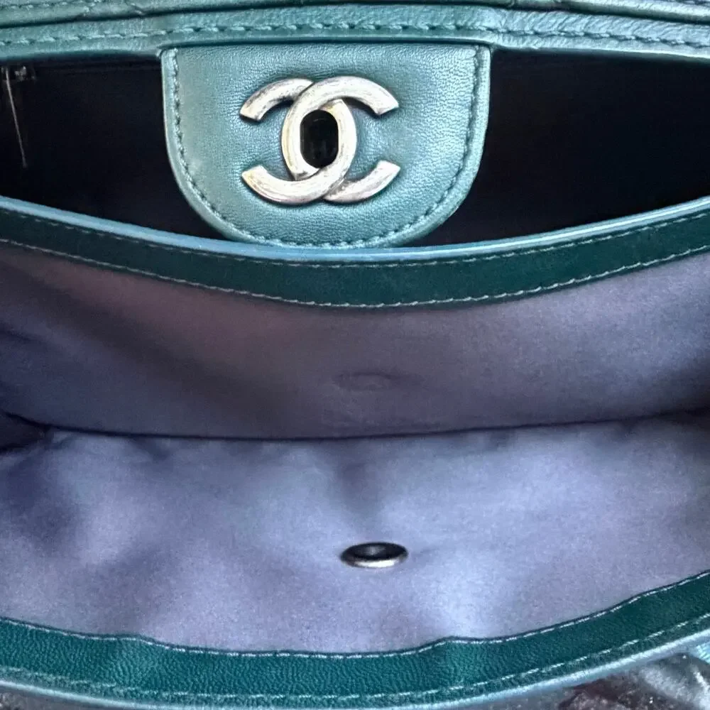 Chanel Classic Flap Jumbo Accordion Dark Green Lambskin Silver Hardware w/ COA